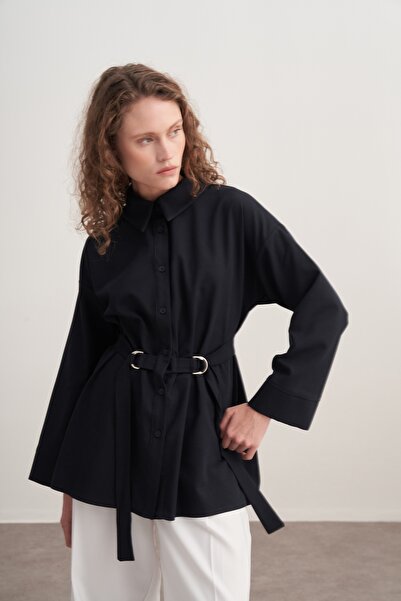 EBU Prive Women's Gabardine Belted Shirt Navy Blue