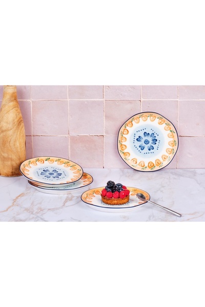 BJORN Set of 4 Dinner Plates, NAPOLI Citrus, hand-painted porcelain, Ø20cm