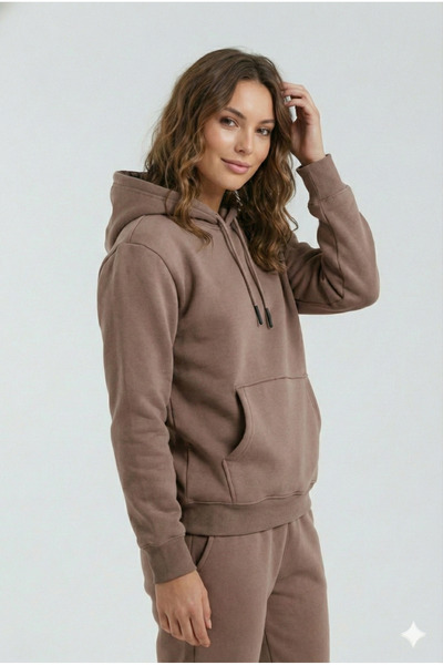 OXVİN Φούτερ με κουκούλα καφέ Kangaroo (με βαμβακερή επένδυση)