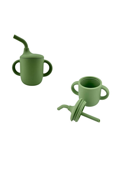 NO BRAND Food-grade silicone baby set, 3 pieces - plate, fork and cup with straw - Green