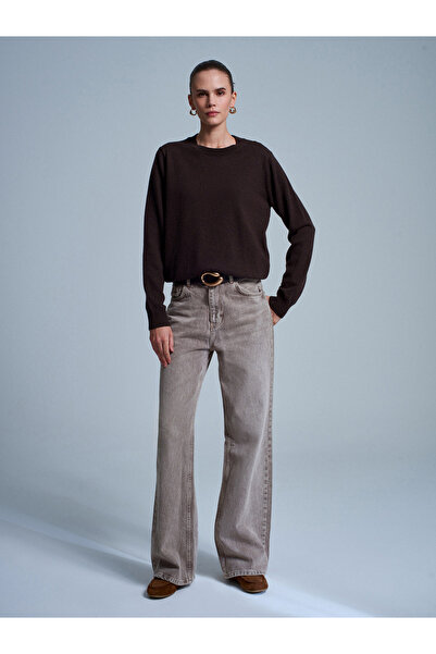 Dilvin 10847 100% Cashmere Crew Neck Sweater-Brown M.