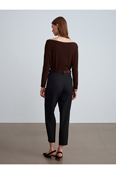 Dilvin 72193 Suede Belted Fabric Trousers-Black