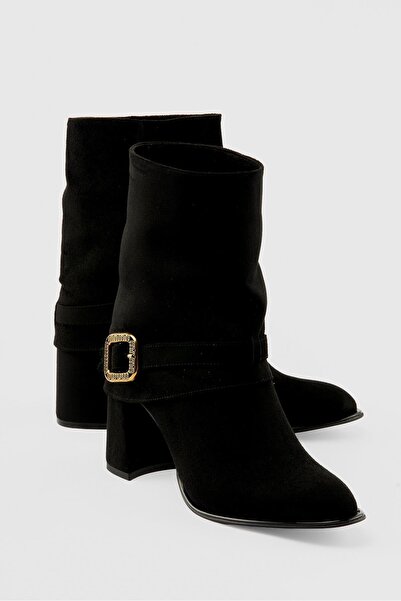 Mubiano Women's Suede Boots Gold Buckle Heeled Black Silva