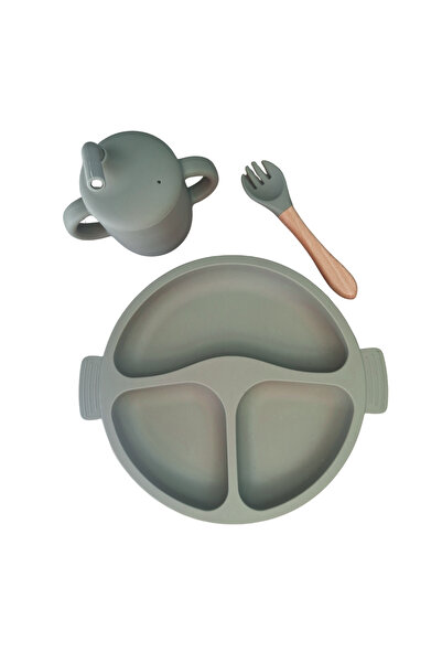 NO BRAND Food-grade silicone baby set, 3 pieces - plate, fork and cup with straw - Olive green