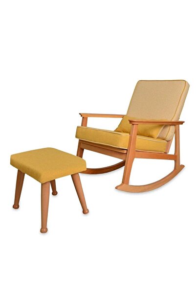 Reyo İskandinav Naturel Sarı Minderli Puflu Sallanan Sandalye Dinlenme Koltuğu