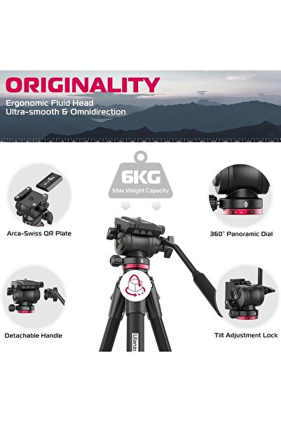 ulanzi MT-56 Ombra Video Travel Tripod, 63" Professional Tripod with Fluid Pan-tilt Head
