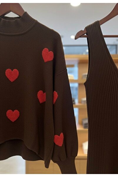 YusGos Women's Heart Patterned Sweater Dress