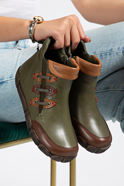 CANİLH Hakiki Deri Yumuşak Tabanlı Kadın Kahve Yeşil Günlük Spor Bot