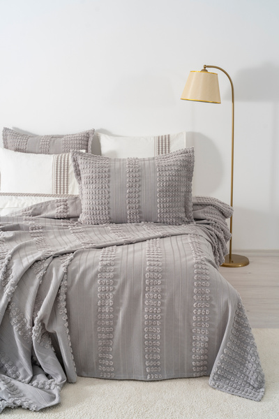 Rivaİstanbul Maisa Gray Embroidered Double Duvet Cover Set - 7 Piece Dowry Set
