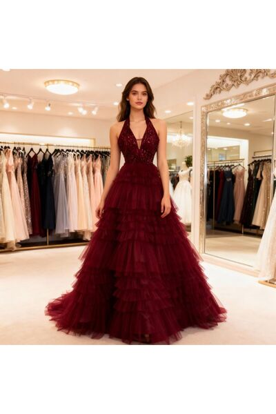 Generic Layered flared tulle evening gown - beaded bodice with exquisite trim and elegant embellishments - princess design in a captivating fiery red