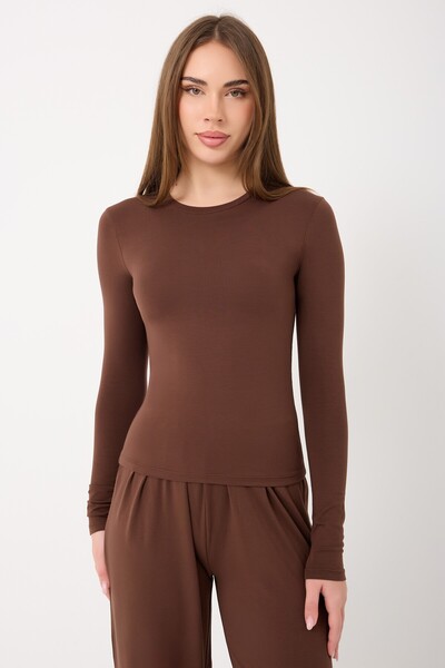 Zoor  Ultra Soft Penye Modal Yuvarlak Yaka Bluz Kahverengi