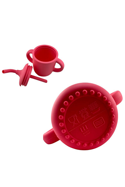 NO BRAND Food-grade silicone baby set, 3 pieces - plate, fork and cup with straw - Pink,