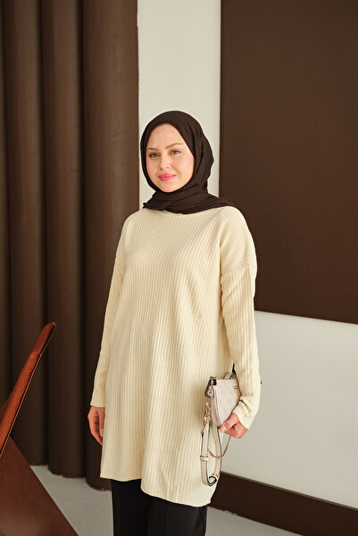 LOCCO Women's Self-Patterned Knitwear Tunic Cream