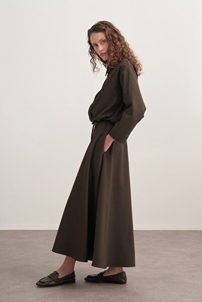 EBU Prive Women's Gabardine Shirt and Flared Skirt Set Dark Khaki