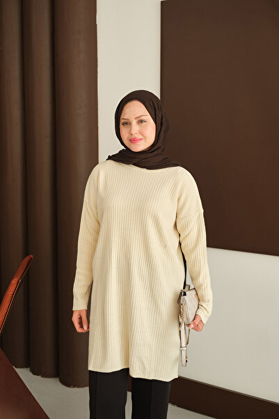 LOCCO Women's Self-Patterned Knitwear Tunic Cream