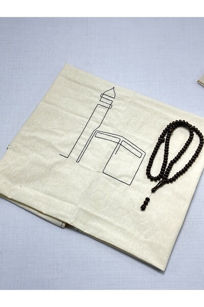 Öz Kadife Minimal Nakış İşlemeli Keten Seccade – İslami Namazlık – Çeyizlik & Hediyelik