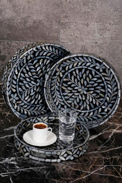 Metpoint Mother-Of-Pearl 3-Piece Tray Set with Black Detail