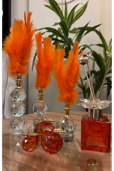 Kiri Dekoratif Kristal Cam Turuncu Premium Üçlü Set