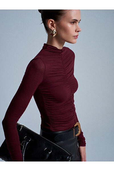 Dilvin 32333 Cashmere Blend Gathered Blouse-Burgundy