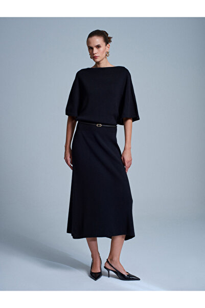 Dilvin 90266 Wool Blend Boat Neck Belted Knit Dress-Black