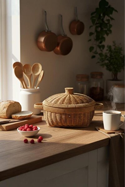 Atbyhome سلة خبز من الخيزران مع مقبض وغطاء، حجم كبير 28.5 سم