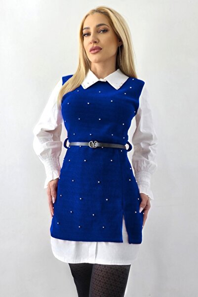 FashionForYou Rochie tip cămașă Iuliana, cu rochie de vară aplicată și perle aplicate, Albastră, Mărime S/M