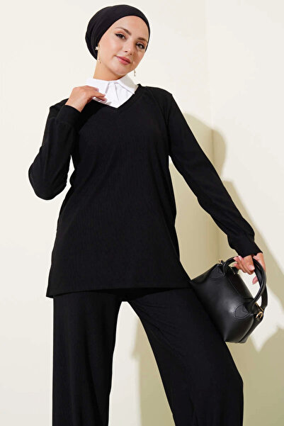 Zerenyus Shirt Collar Corded Fabric Casual Double Hijab Suit Black