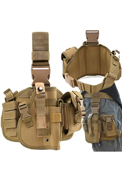 Optim Solution Right-Thigh Pistol Holster, 600D Nylon, Adjustable, Modular Tactical Panel, Brown