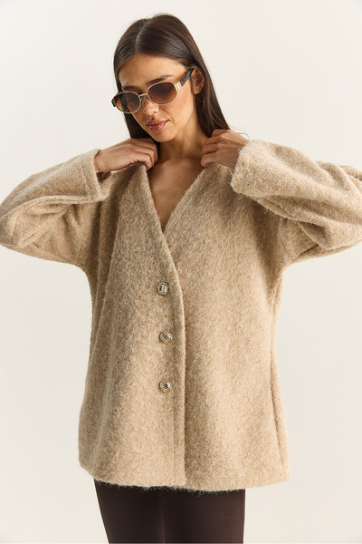 Bianco Lucci Women's V-Neck Stylish Asymmetrical Buttoned Wrinkled Cashmere Cardigan 55000 60283567