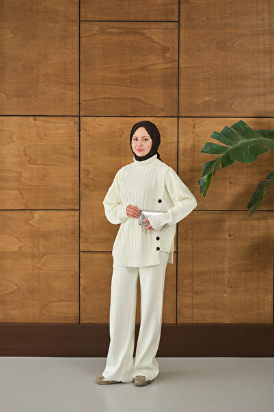 LOCCO Set de tricotaje cu nasturi pentru femei Ecru