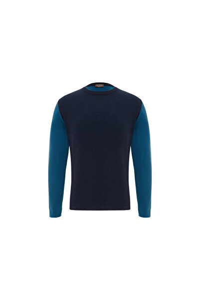 Vakko Navy Blue Crew Neck Wool Sweater M401325565-55