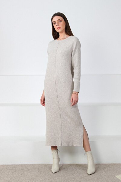Ferraro A.Bez Yandan cu fantă Rochie de tricotat pentru femei, lungime midi, guler rotund cașmir