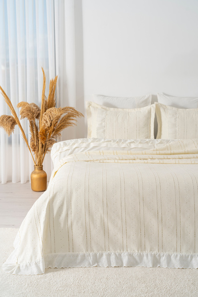 Rivaİstanbul Esila Ecru Frilly Double Duvet Cover Pique Set - 7 Piece Dowry Set