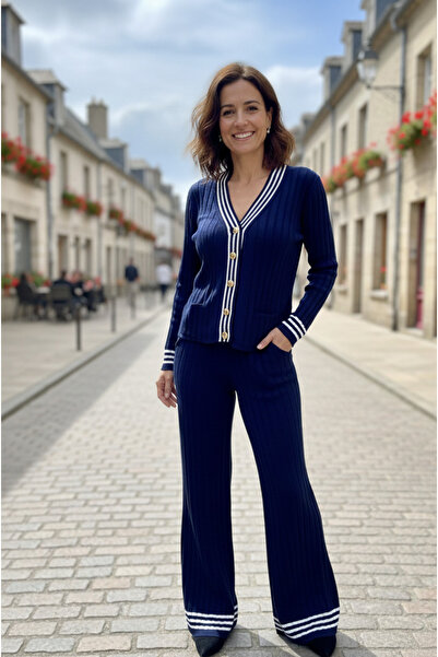 YusGos Women's Striped Knitwear Cardigan Pants College Bottom Top Set