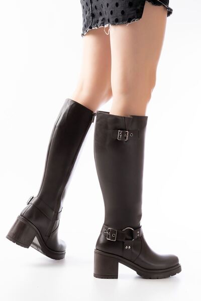 Zerenyus Zri̇n-3005 Premium Brown Women's Heeled Boots with Zipper and Buckle Accessories