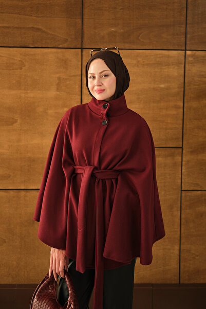 LOCCO Women's Three Button Detail Poncho Burgundy