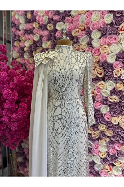 YuSeM Pelerin Detaylı Zarif Tasarım Abiye Krem