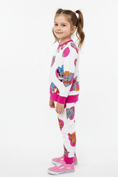 NEWKİDS Colorful Figure Printed 3 Thread Ş Fleece-Lined Thick Winter Girl's Suit