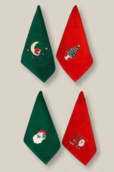 Ellaline Set of 4 Embroidered Christmas Towels 100% Cotton Certified Hand Face Kitchen Guest Christmas 30X50Cm