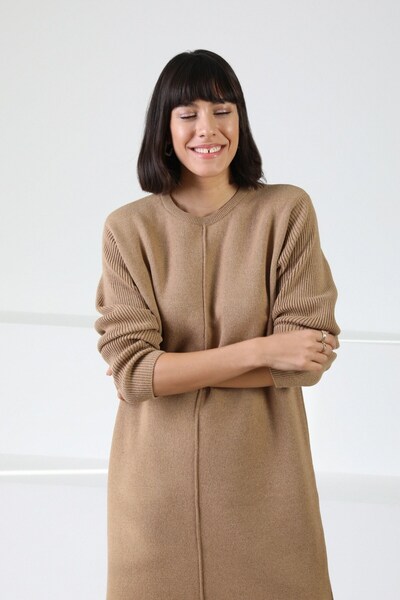 Ferraro Camel Yandan Slit Midi Length Crew Neck Cashmere Women's Knitwear Dress