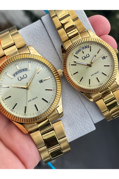 Q&Q QQ SEVGİLİ ÇİFT SAATİ TAKIM ERKEK KADIN KOMBİN ÇELİK SAAT ALTIN RENK