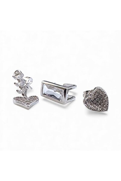 Cesicey Heart Detailed Baguette Stone Set of 3 Steel Earrings Silver Color