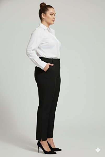 RMG Front Corded Fabric Plus Size Fabric Trousers Black