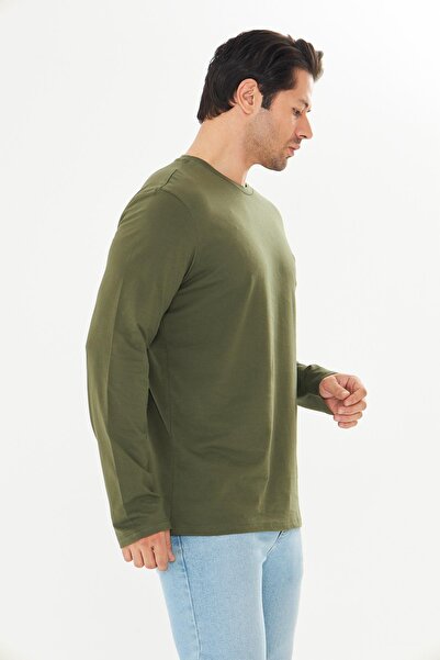 TRENDHİLL Ανδρικό μπλουζάκι με μακρύ μανίκι από βαμβακερό λαιμόκοψη χακί 5020B-H