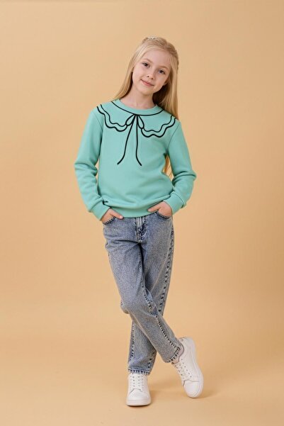 Perendi Χειμερινό φούτερ για κορίτσια με λαιμόκοψη με τύπωμα επένδυση fleece - Çağla