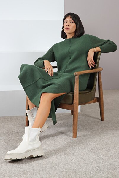 Ferraro Rochie de tricotat pentru femei Green Yandan cu fantă Midi Size guler rotund Cașmir