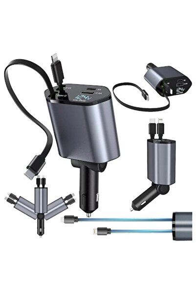 Optim Solution 100W 4-in-1 Car Charger with USB-C and iOS, Retractable 80cm, Black