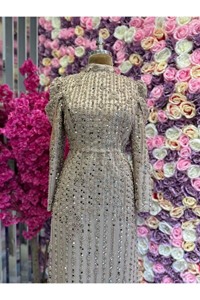 YuSeM Komple İşlemeli Tasarım Abiye Bej