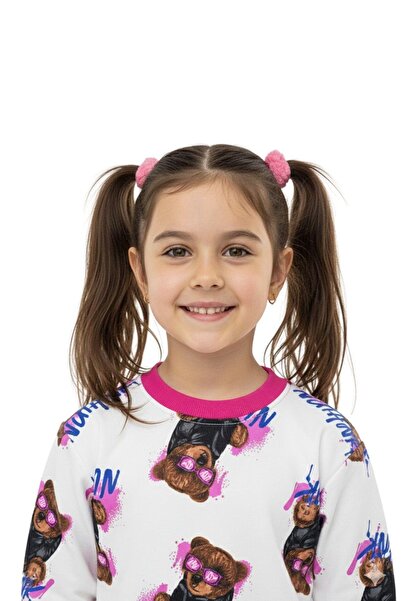 NEWKİDS Teddy Bear Printed 3 Thread Ş Fleece-Lined Thick Winter Suit for Girls