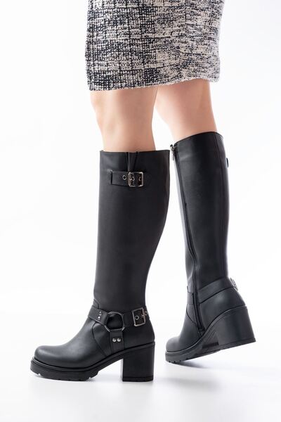 Zerenyus Zri̇n-3005 Premium Black Women's Heeled Boots with Zipper and Buckle Accessories